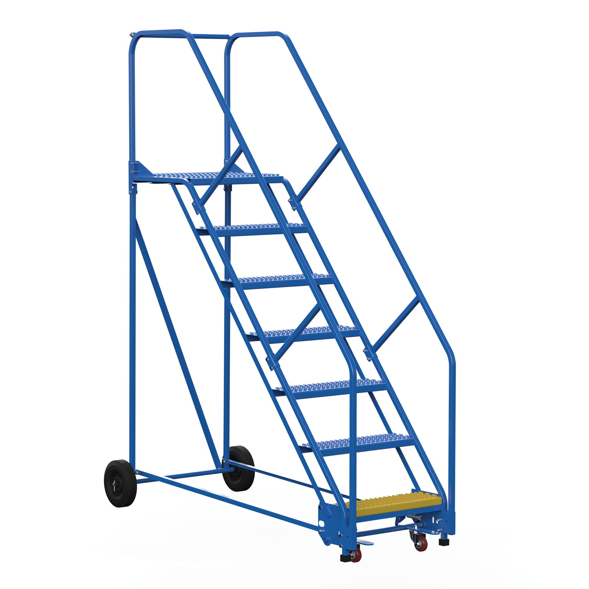 Vestil Steel Rolling Warehouse Ladder — 7 Steps, 23-9/16in. Step Width, 350-Lb. Capacity, 50° Climb Angle, Blue, Model# LAD-7-21-G-EZ